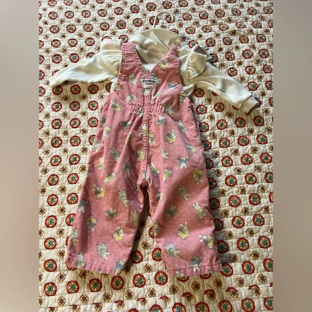 Vintage RARE Oshkosh Bgosh Corduroy Overalls Easter Rabbit SET size 6-9 months